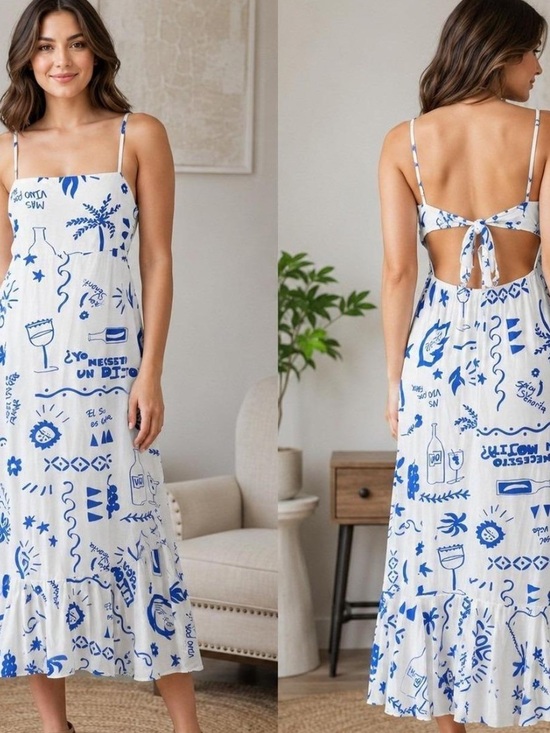 Paper Heart Dresses & Skirts - Paper Heart Blue Ivory Open Back Mediterranean Graphic Flowy Maxi Dress Size XS